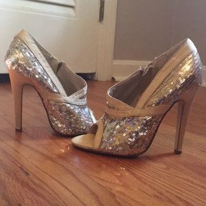 Gold sequin pumps
